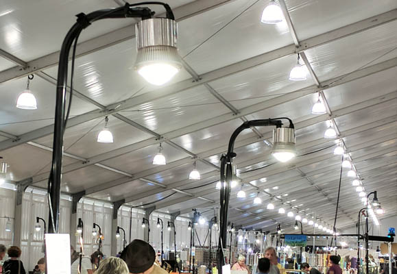 table clamp lights, telescopic pole lights, trade show lights, craft show booth lights